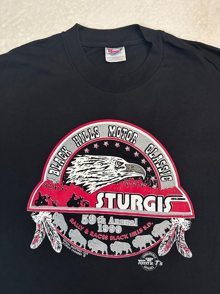 Vintage 1990s 1999 Sturgis Motorcycle Rally Black Hills Graphic T-Shirt, L NEW