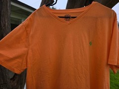 Polo Ralph Lauren Bright Orange V Neck T Shirt Vintage Tee Single Stitch Pony XL