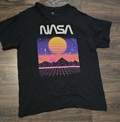 NASA Black T-Shirt Pink And Purple Rocketship Graphic Design Size Large