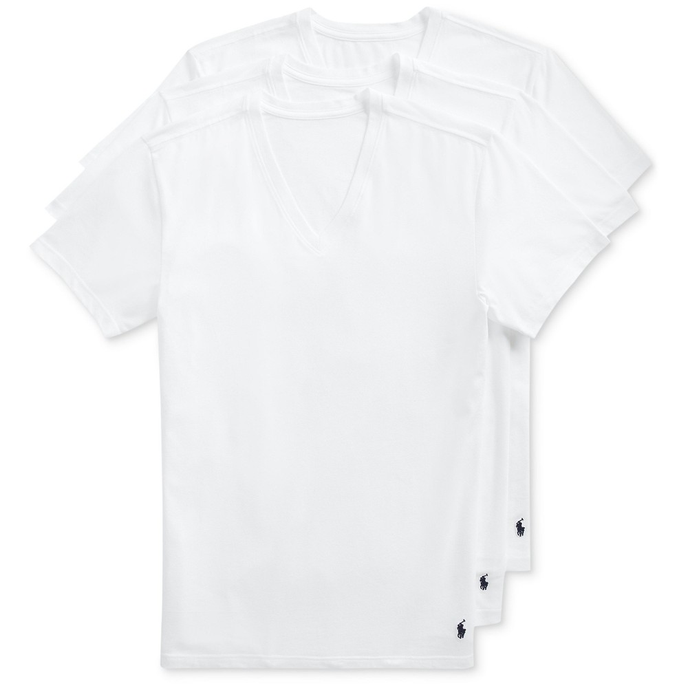 Polo Ralph Lauren Mens V-Neck T-Shirts White 3-Pack Slim Fit Stretch Undershirts