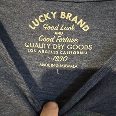 Lucky Brand Mens Large T Shirt Blue Graphic Tee Clover Try Lucky Jeans Distress