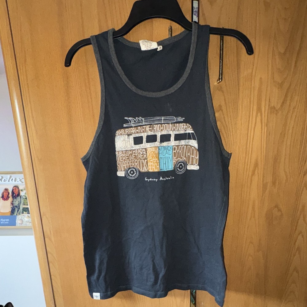 Pacific Collection Men M Black Cotton Jersey Scoop Neck Sleeveless VW Bus Tank