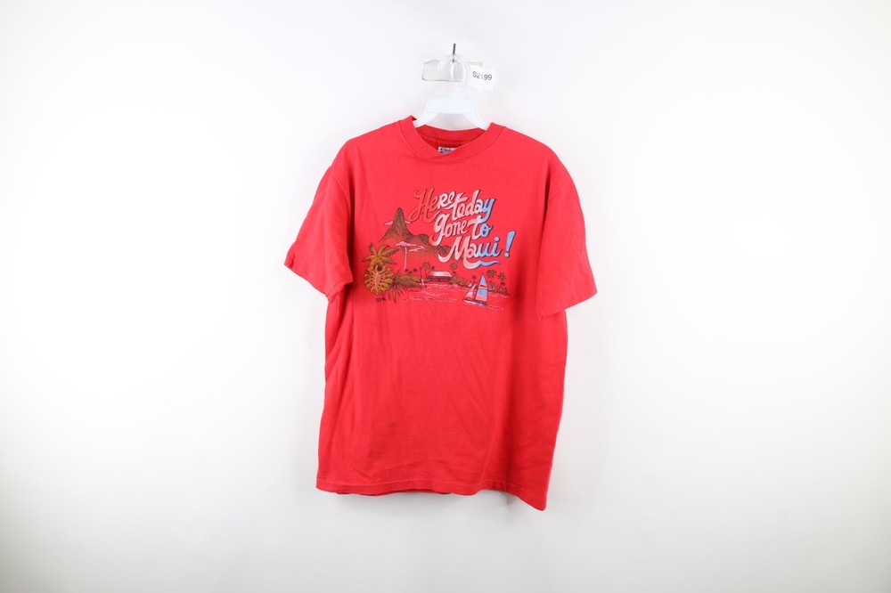 Vintage 70s Mens Size Large Faded Spell Out Maui Hawaii Beach T-Shirt Red USA