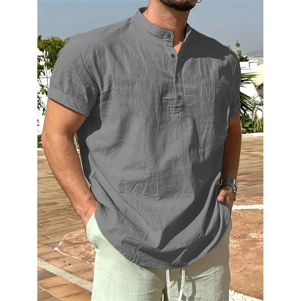 Men’s Cotton Linen Henley Shirt Short Sleeve Casual Summer Tee