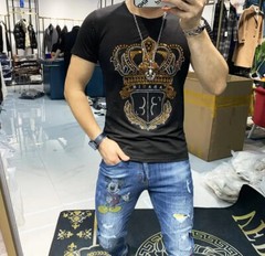 New Fashion Crown Trend Rhinestone Summer Cotton Short Sleeve Luxury Men T-Shirt