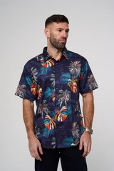 KAM Short Sleeve Acorn Palm Print Shirt For Men in Navy, 2XL-8XL