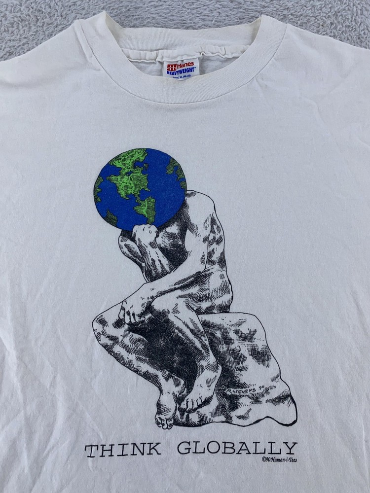 Vintage Think Globally Shirt Mens L/XLThe Thinker Earth Rodin Art Philosophy 90s