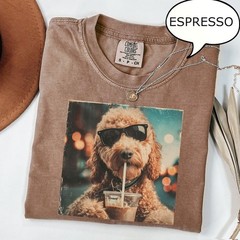 Cute Goldendoodle Drinking Iced Coffee T-Shirt, Dog Lover Gift, Coffee Dog Shirt