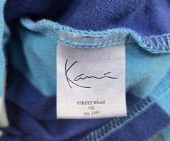 KARL KANI BIG LOGO MENS’ SHIRT — SIZE M ~ VERTICAL STRIPED COLORBLOCK SCRIPT