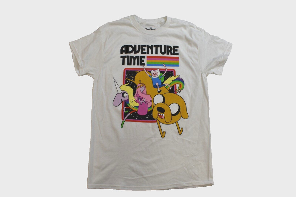 Adventure Time Mens Jake Finn Unicorn Rainbow Graphic White Shirt New S, M