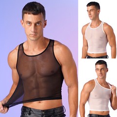 Men’s Tank Top Sleeveless Crop Tops Mesh Blouse U Neck Vests Club T-shirts Sexy