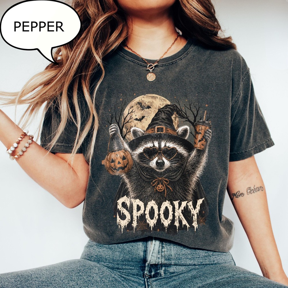 Cute Spooky Raccoon Shirt Halloween Raccoon Moon Pumpkin Season Fall Gift Tee