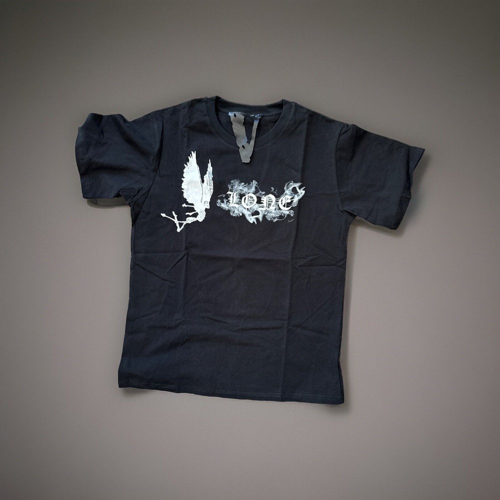 Black Round Neck V Lone T Shirt Angel Smoke White Print 100% Cotton Sz Large