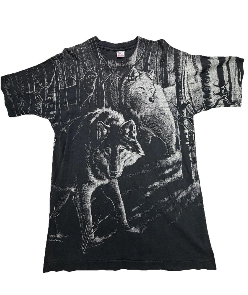 Vintage AOP Wolf T-Shirt All Over Print L Black & White Single Stitch USA Made