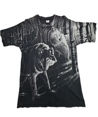 Vintage AOP Wolf T-Shirt All Over Print L Black & White Single Stitch USA Made