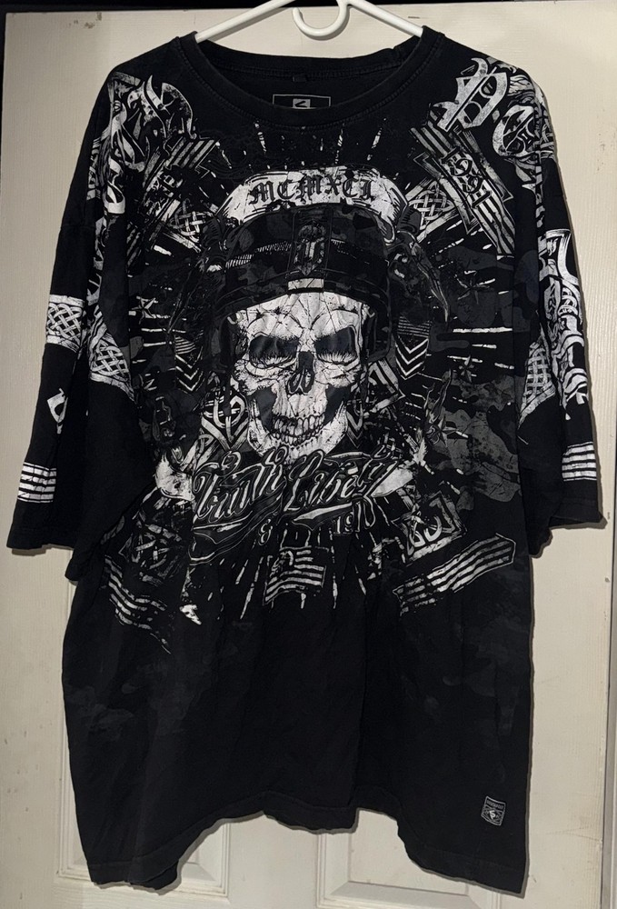 Vintage Southpole Mens Big 6X Black Skull Graphic Tee T-Shirt Allover Streetwear