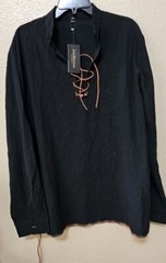 Men’s Casual Long Sleeve Henry Shirt Lace-Up Stand-Up Collar Cotton Linen Blouse