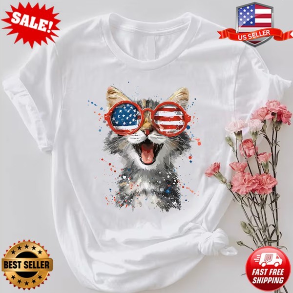 Patriotic Cat Shirt, American Flag Sunglasses Cat Tee, Funny Cat T-Shirt S-3XL