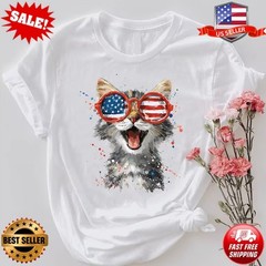 Patriotic Cat Shirt, American Flag Sunglasses Cat Tee, Funny Cat T-Shirt S-3XL