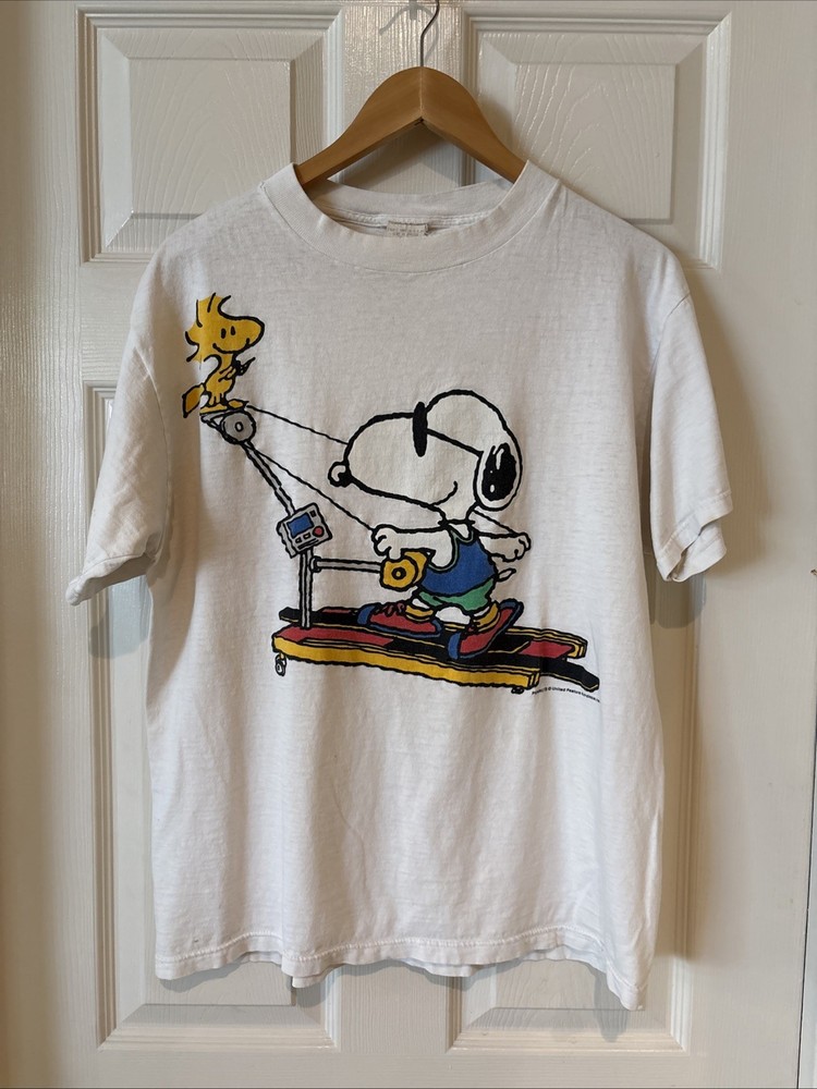 Vintage 90s Peanuts Snoopy & Woodstock Exercising Treadmill T-Shirt Large Read
