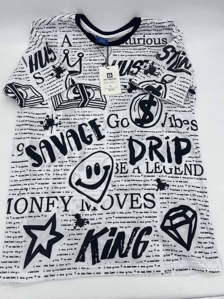 Victorious Legend Grunge Streetwear All Over Print T-Shirt LARGE White Mens