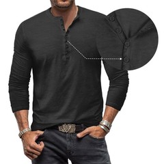 Mens Henley Grandad Casual Shirts Long Sleeve Muscle Slim Fit Button T Shirt Top