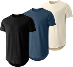 Mens 3 Pack Cotton Longline Crewneck T-Shirts Casual Hipster Fit Tee Set