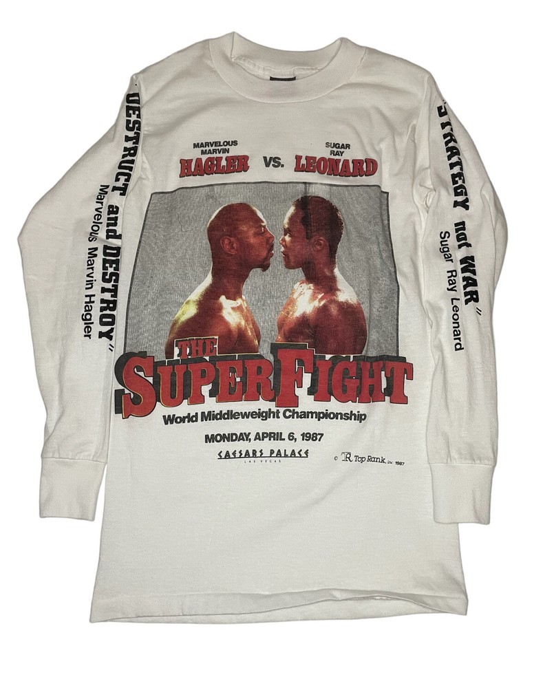 Vtg 80s Boxing Shirt The Super Fight Mens White S Hagler VS Leonard Fits XS 1987