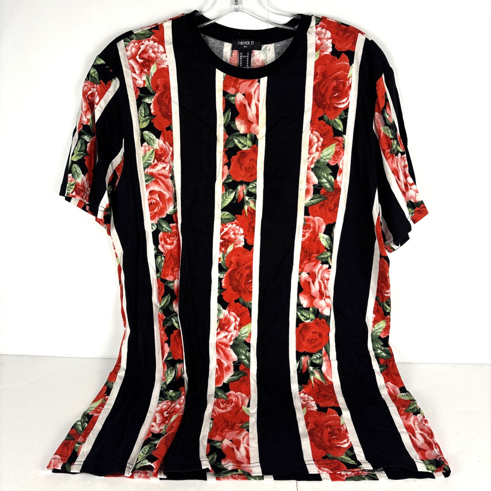 Forever 21 Men’s Red Floral Stripe Graphic T-Shirt Size M 100% Cotton