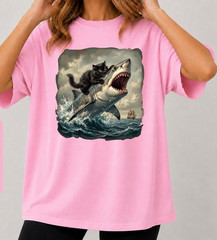 Black Cat Biting Shark Shirt, Funny Cat Lover Tshirt, Epic Graphic Tee