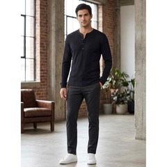 Hugo Boss Mens Eligio 1/7 Slim Fit Ribbed Cotton Henley Long Sleeve Shirt Black