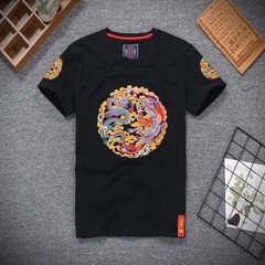 Men Dragon Phoenix Embroidered T-Shirt Chinese Style Short Sleeve Casual Top