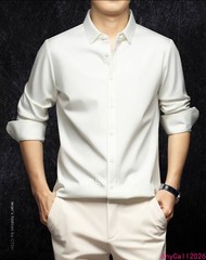 Spring Mens Long Sleeve Shirt Silk Cotton Business Casual Formal Slim Fit Shirts