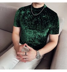 Summer Velvet Pleated Hot Stamping T-shirt for Men’s Fashion Versatile Slim Fit
