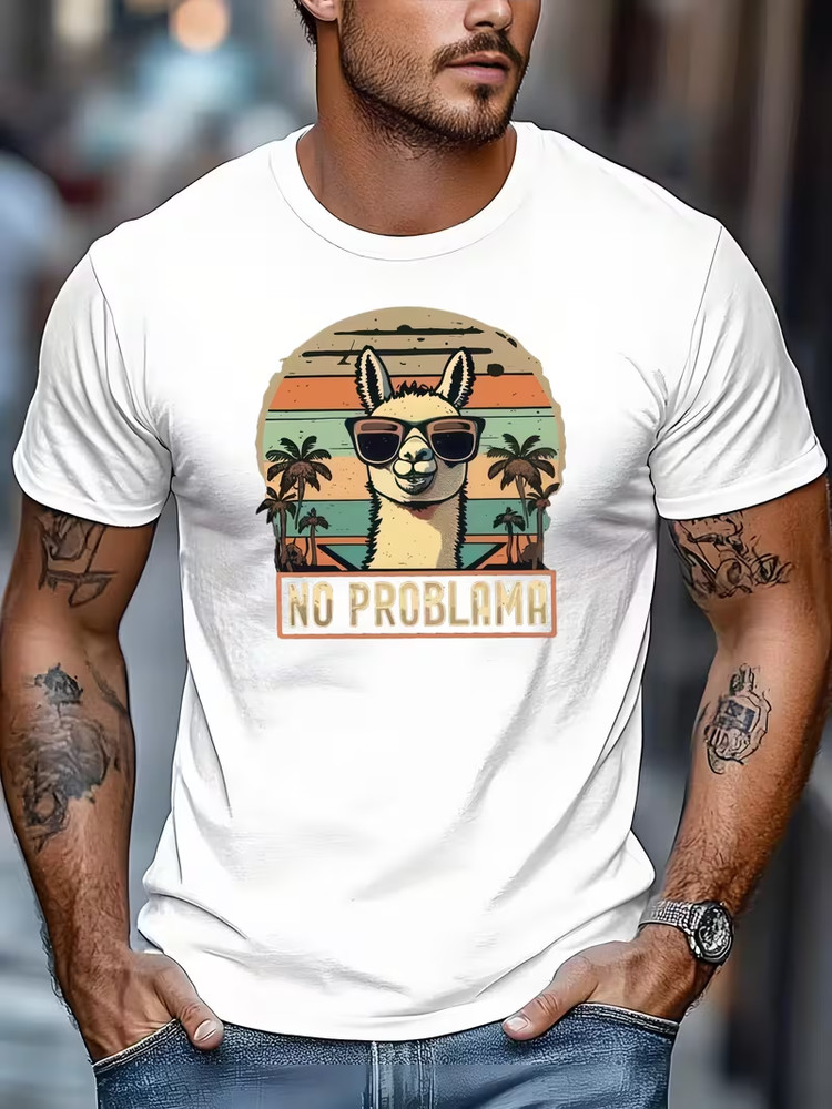 Men’s Outdoor Casual Sports T-Shirt, “NO PROBLAMA” Graphic Summer Casual Crew Ne