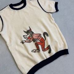 VINTAGE 60’s ACKERMANN BIG BAD WOLF CARTOON ACRYLIC KNIT TEE T-SHIRT YOUTH 164CM