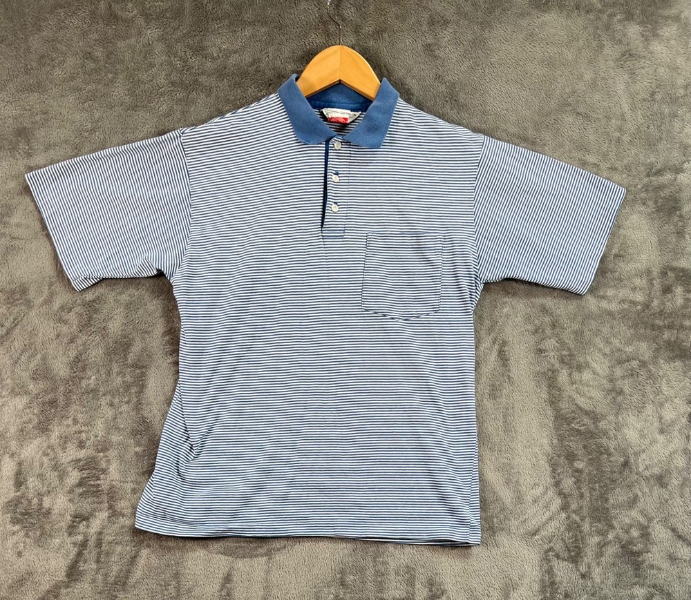 J Press Polo Shirt Mens Medium Blue Stripe Short Sleeve Pocket Preppy Ivy USA