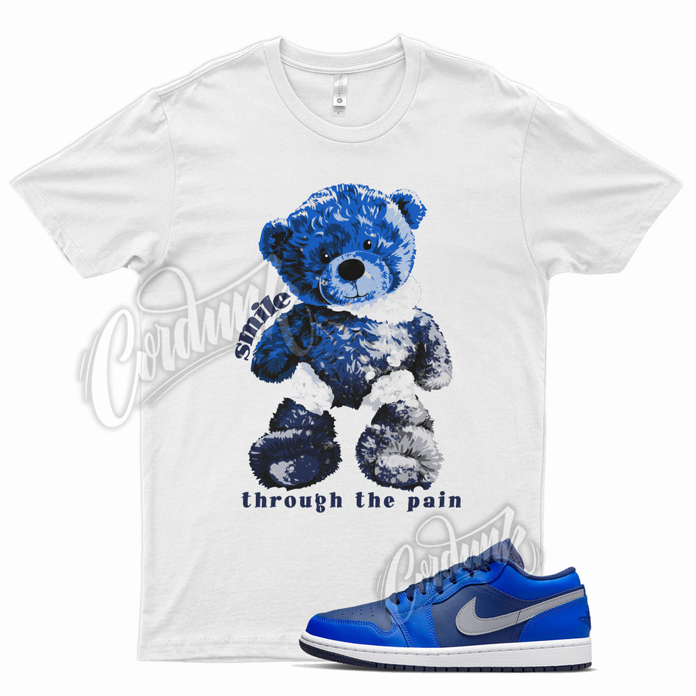 White SMILE T Shirt for Air J1 1 Low Royal Navy Obsidian Wolf Grey