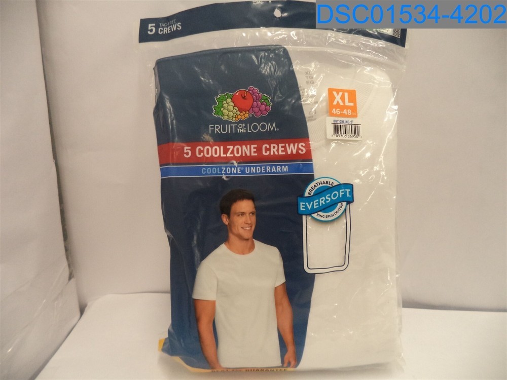 Qty= (1 pack of 5) Fruit of the Loom: Men’s XL White Crew Cut T-Shirts