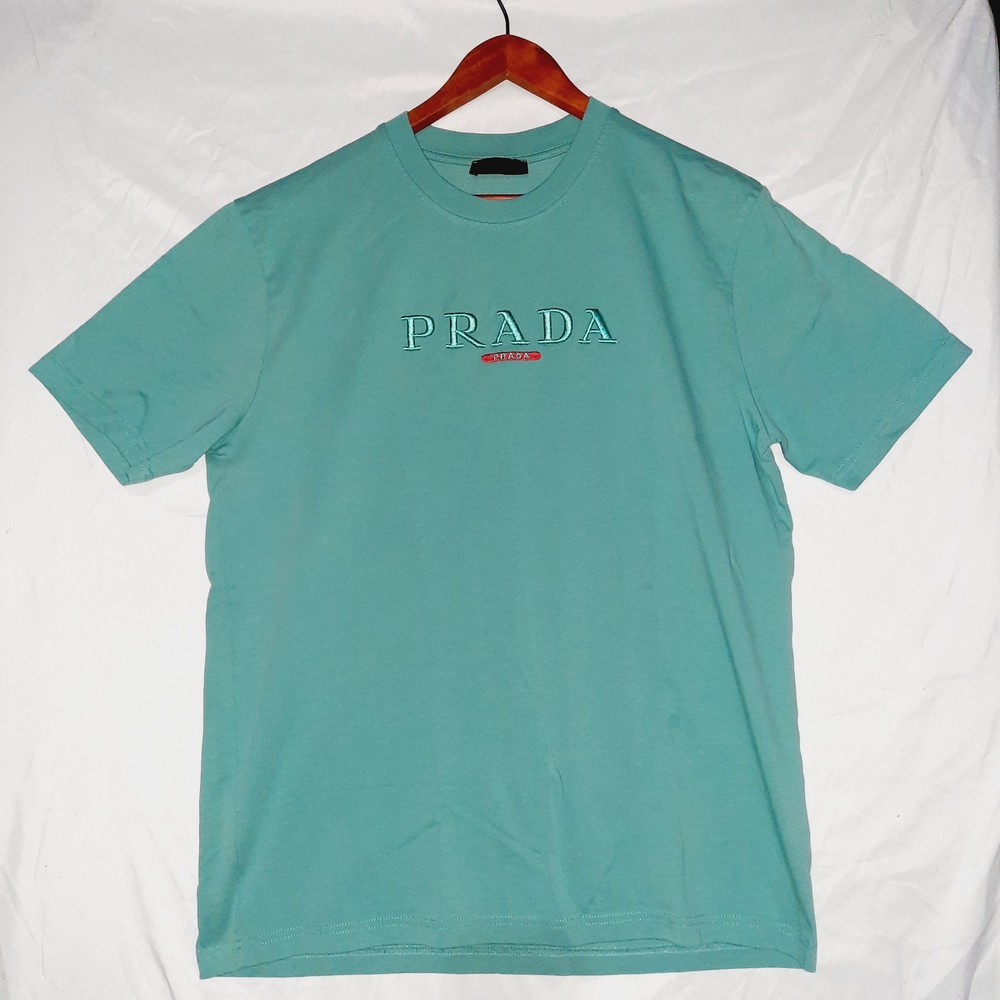 PRADA T-Shirt [Mens L] Teal Embroidered Red Made In Italy CLEAN!