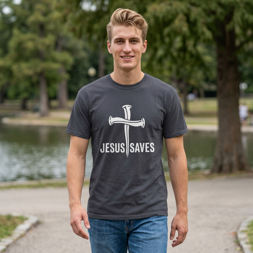 Jesus Saves Cross T-Shirt – Christian Faith Graphic Tee with Nails Design