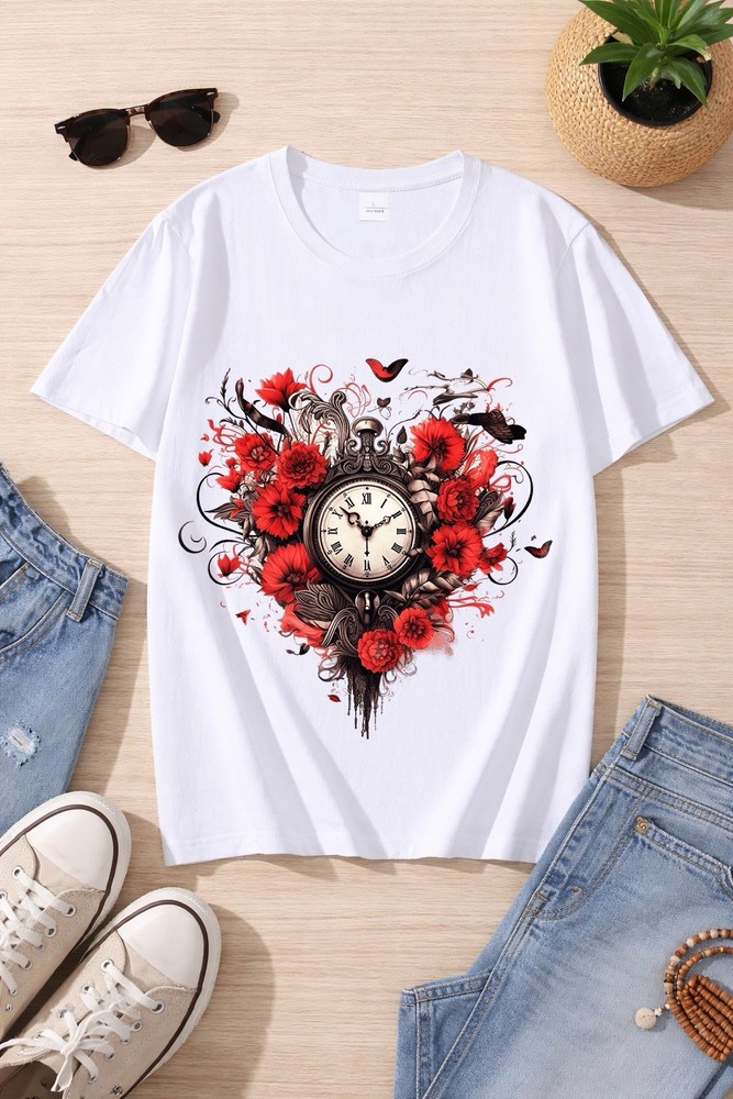 Vintage Gothic Heart T-Shirt Men Women Retro Clock Floral Graphic Tee Streetwear