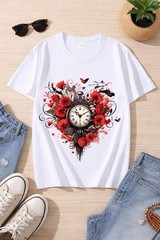 Vintage Gothic Heart T-Shirt Men Women Retro Clock Floral Graphic Tee Streetwear