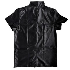 Men T-shirts Short Sleeve Shirts Zip Nightclub Stage Tops Black PU Leather Tees
