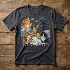 Cat Flower Floral Cute Kitten Vintage Flowers Art Cat Lover T-Shirt TA79