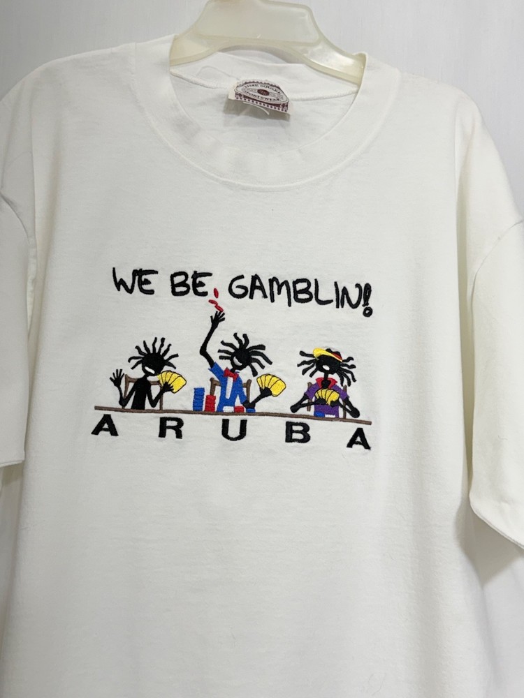 Vtg 90’s Aruba Size XL Souvenir Travel White T-Shirt Unisex WE BE GAMBLIN! EUC