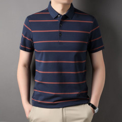 Men’s Fashion Striped Business Casual Loose Fashion Cotton Lapel Polo T-shirt