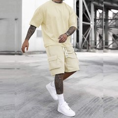 2 Pack Men’s Cargo Pants & T Shirt Set Multi Pocket Casual Athletic Outfit