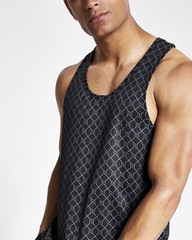 River Island Mens Black RI Monogram Racer Slim Fit Sleeveless Mesh T-shirt