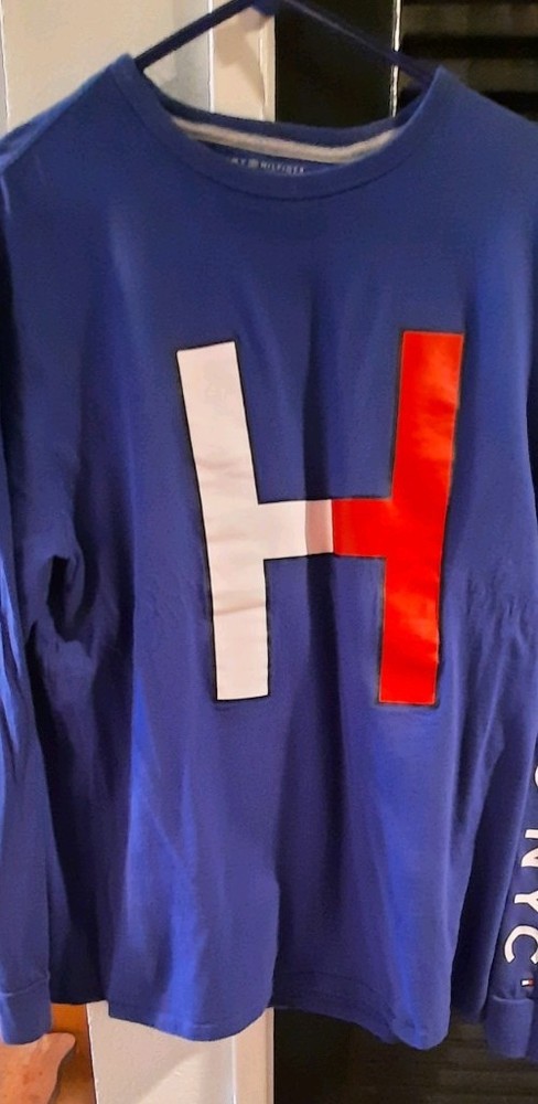 Tommy Hilfiger Men’s Blue Long Sleeve Crew Neck Logo Graphic Print T-Shirt XL